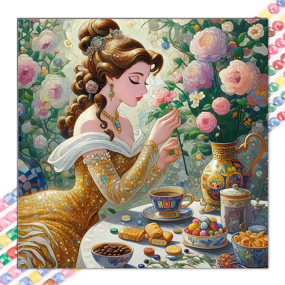 A handmade DIY frameless diamond painting kit Retro oil painting style romantic flower-filled beauty theme Full diamond paste with rich colors Perfect for home living room bedroom wall decoration