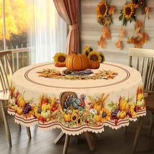PLUMLIK Fall Harvest Tablecloth with Turkey Pumpkin Sunflower Patterns, Vintage Rectangular Round Table Cover, Autumn Decor Suitable for Thanksgiving Day Holiday Indoor Outdoor Decoration, Farmhouse Home Table Decor, Kitchen Accessories, Housewarming Gift