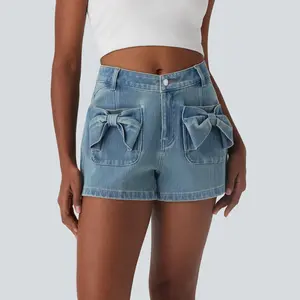 Halara Flex Mid Rise Button Zipper Washed Stretchy Knit Denim Casual Shorts 3'' with Front Side Bow Pocket