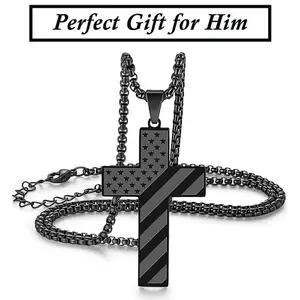 American Flag Cross Necklace for Teen Boys & Men with Ear Studs Durable Titanium Steel Hip Hop Fashion Pendant 1.8 inch Gift for Son Boyfriend Husband