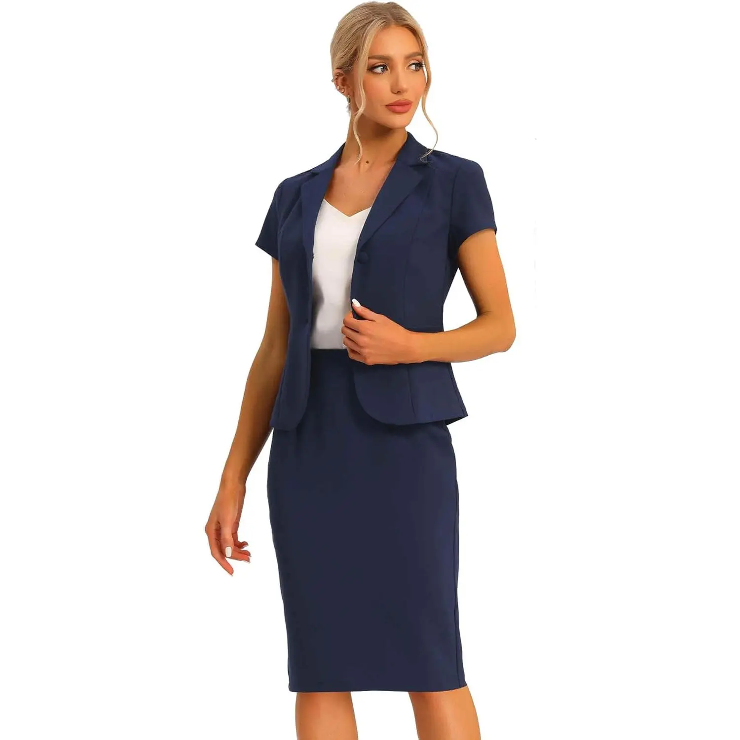 Women's 2-Piece Chic Skirt Suit Set - Short Sleeve Blazer (Jacket), Solid Pencil Skirt for Indoor Leisure Business Office Use