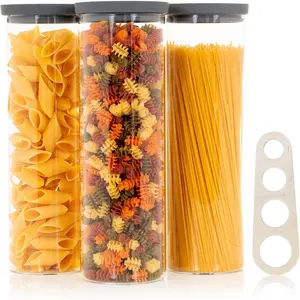 Glass Spaghetti Kitchen Storage Containers with Airtight Silicone Lids, BPA-Free Pantry Glass Storage Jars with Airtight Lid for Pasta and Dry Foods - Set of 3 with Portion Tool