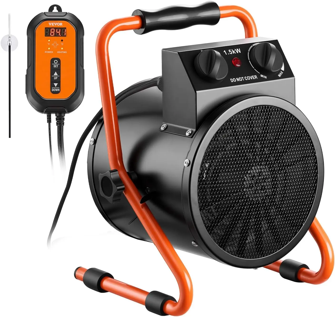 VEVOR 1500W Power Thermostatic Greenhouse Heater, Electric Space Heater with Fan & High Heat Modes, 25° Adjustable Angle, IPX4 & Overheat Safe Protection, for Grow Tent, Greenhouse, Home Office, Compact
