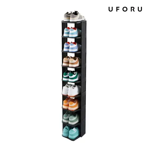 UFORU Thick Plastic Adjustable Shoe Rack Tower - 6/9-Layer Narrow Tool-Free Indoor Furniture, 10.9in Narrow, 10.23in Deep, 7.48in High Tiers, 11 lb per Shelf, Freestanding Organizer Storage for Entryways, Small Spaces (Father's Day Gift Option)
