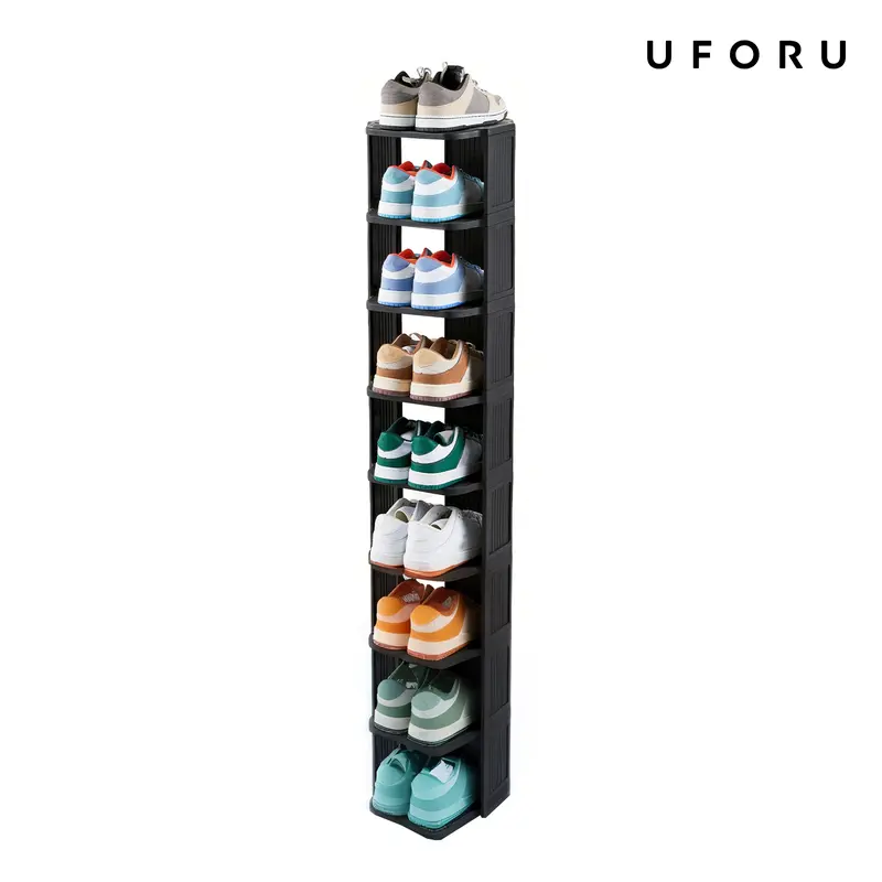 UFORU Thick Plastic Adjustable Shoe Rack Tower - 6/9-Layer Narrow Tool-Free Indoor Furniture, 10.9in Narrow, 10.23in Deep, 7.48in High Tiers, 11 lb per Shelf, Freestanding Organizer Storage for Entryways, Small Spaces (Father's Day Gift Option)