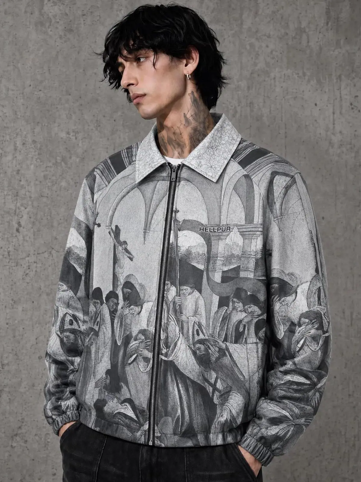 Men's Vintage Graphic Jacket Gothic Art Print Zip Up Jacket Long Sleeve Streetwear Coat Medieval Painting Design Casual Lightweight Windbreaker Outerwear Fashion Top