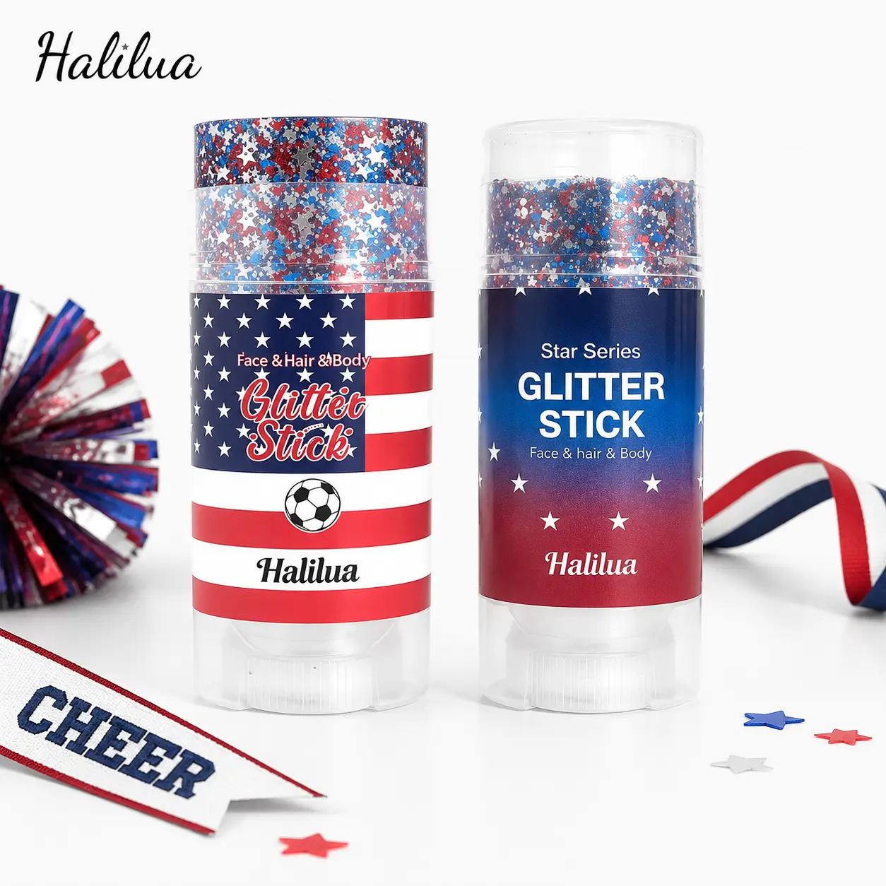 2PCS Star & Hexagon Glitter Stick | Red White & Blue Face & Body Glitter Makeup for School Spirit, Game Day, Parties & Festival Looks