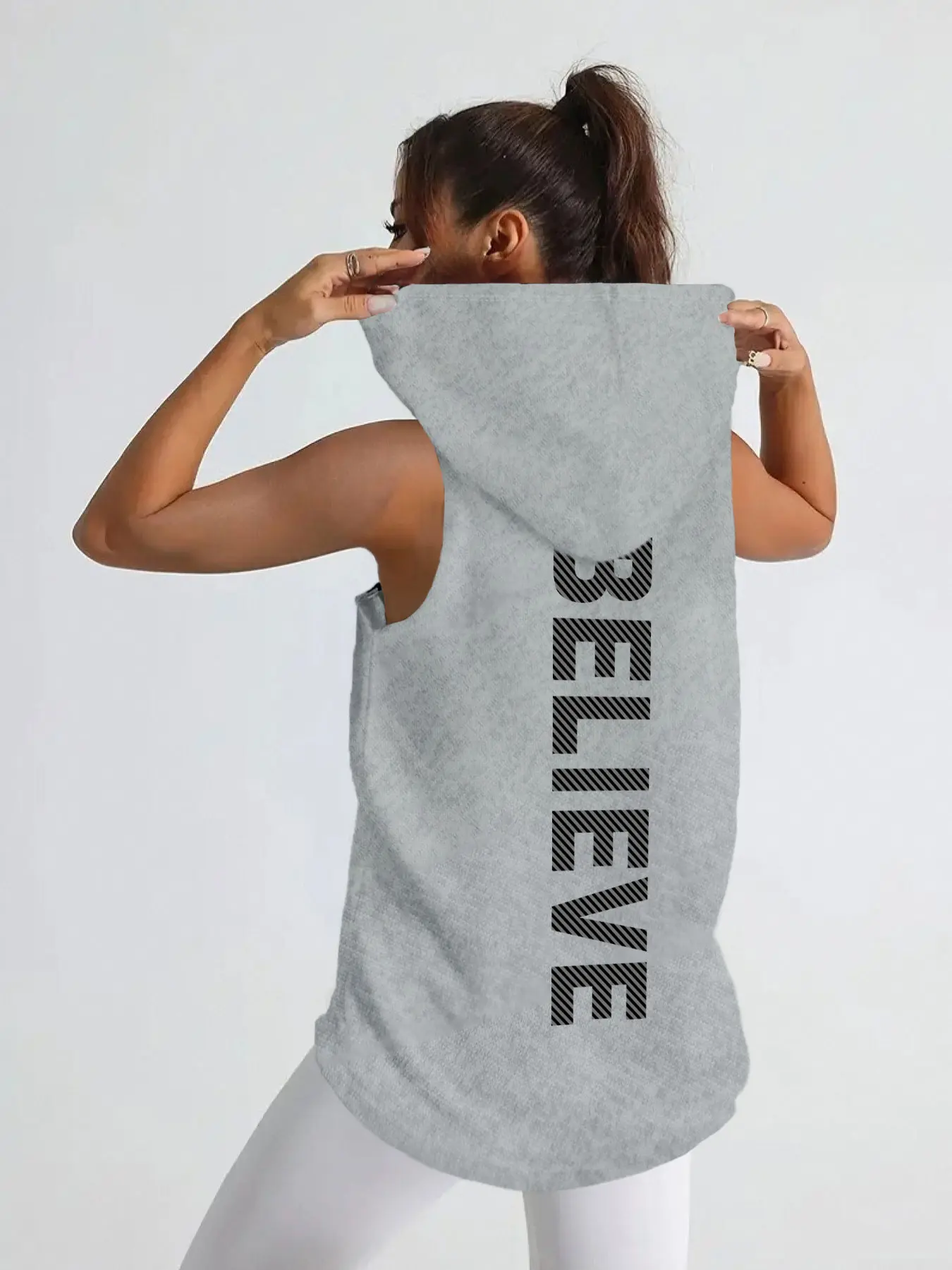 Women's Sleeveless Hooded Tank Top with Letter Print, Workout Vest, Loose Fit Vest, Fashionable Casual Sportswear for Summer Outdoor Activities, Fitness Workout Vest, Sporty Cami Top, Workout Apparel, Athletic Style Activewear, Activewear Clothing