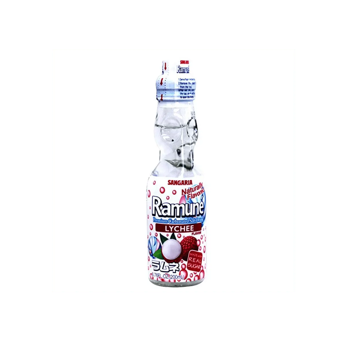 Sangaria Ramune Lychee Flavor Sugar-Sweetened Fizzy Drink, Marble-Design Bottle, 200ml, Convenient Refresher for Relaxation