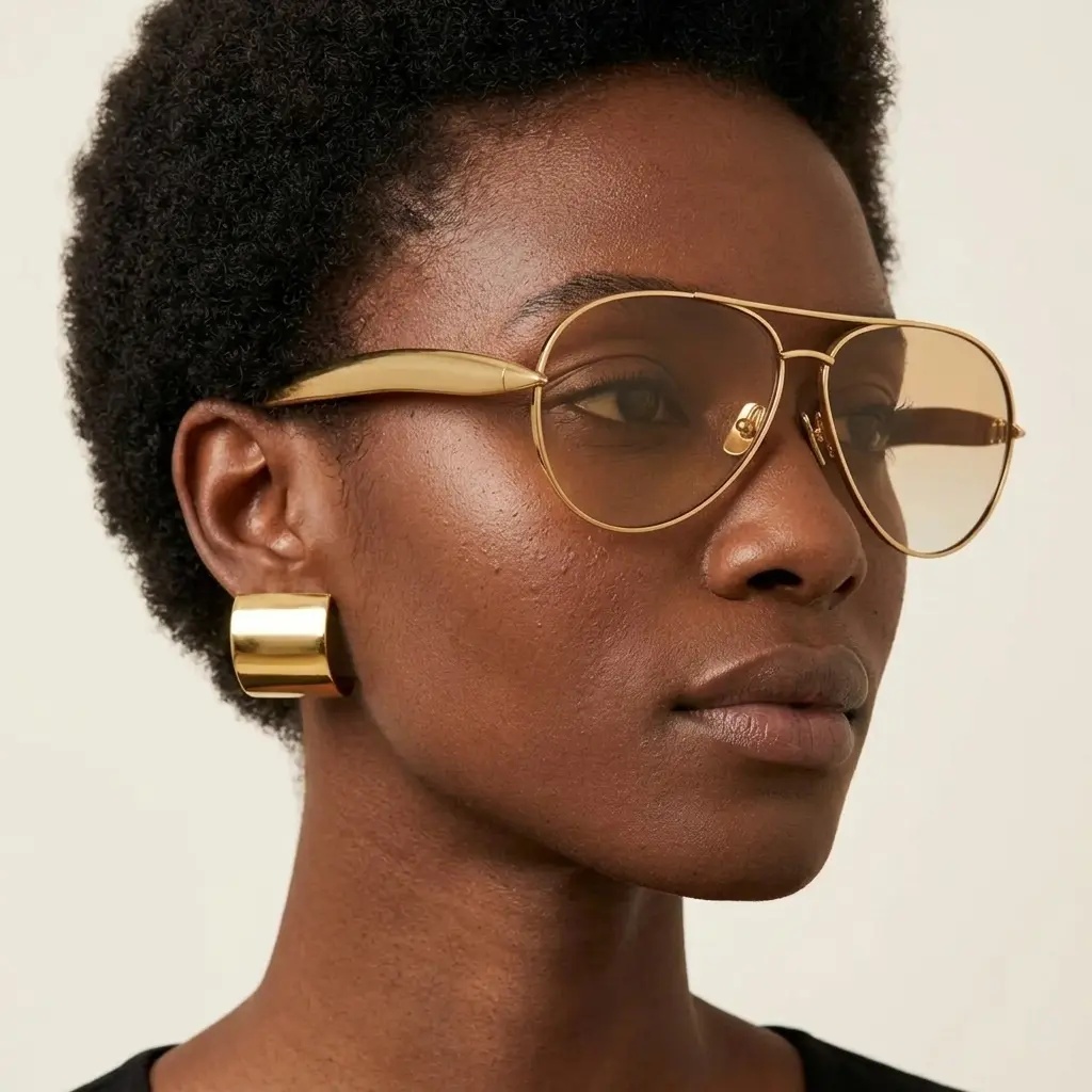 Unisex Oversized Solid Square Aviator Sunglasses - Ultra-Thin Gold Metal Double Bridge Frame, Light Brown Tinted UV400 Sun Protection Lenses, Face Slimming Driving Eyewear for Music Festivals, Street Photography, Uv400 Lens, Face Slimming Effect, Luxury G