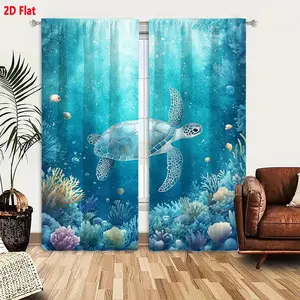 2D Flat  Underwater Scene Curtain 2-Piece Set, Light Blue Sea Turtle with Colorful Coral Reefs, Gradient Turquoise Ocean, Sunlight Glow, Vibrant Marine Life Design, Serene & Vibrant Decor for Living Room Bedroom