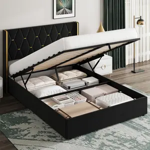 Modern Hydraulic Lift Up Storage Bed Frame - Full/Quee Size Suede Upholstered Platform with Gold Diamond Tufted Wingback Headboard - Sturdy Wood Slats, No Box Spring Needed, Easy Assembly - White