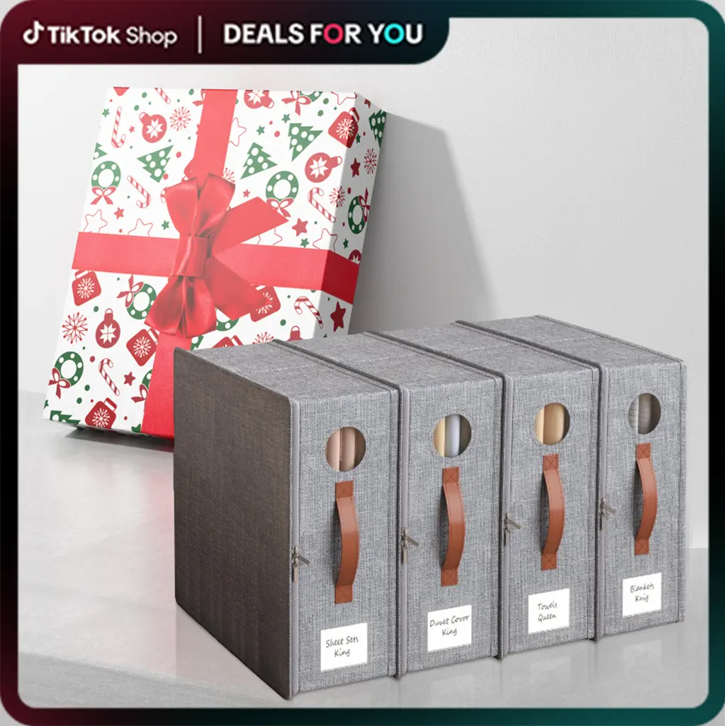 【Gift Box】TRZZ Duvet Cover Storage Boxes 4/8-Pack | Non-Woven & Linen Material, Zipper Closure | Leather Handles, See-Through Windows, Custom Labels Grey Organizer Set Fabric Closet Organizer