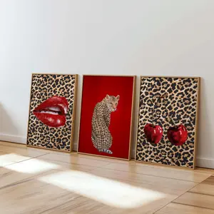 Cheetah cherry posters set of 3 wall art, lips wall art apartment decor, red leopard wall prints, aesthetic chic bedroom art