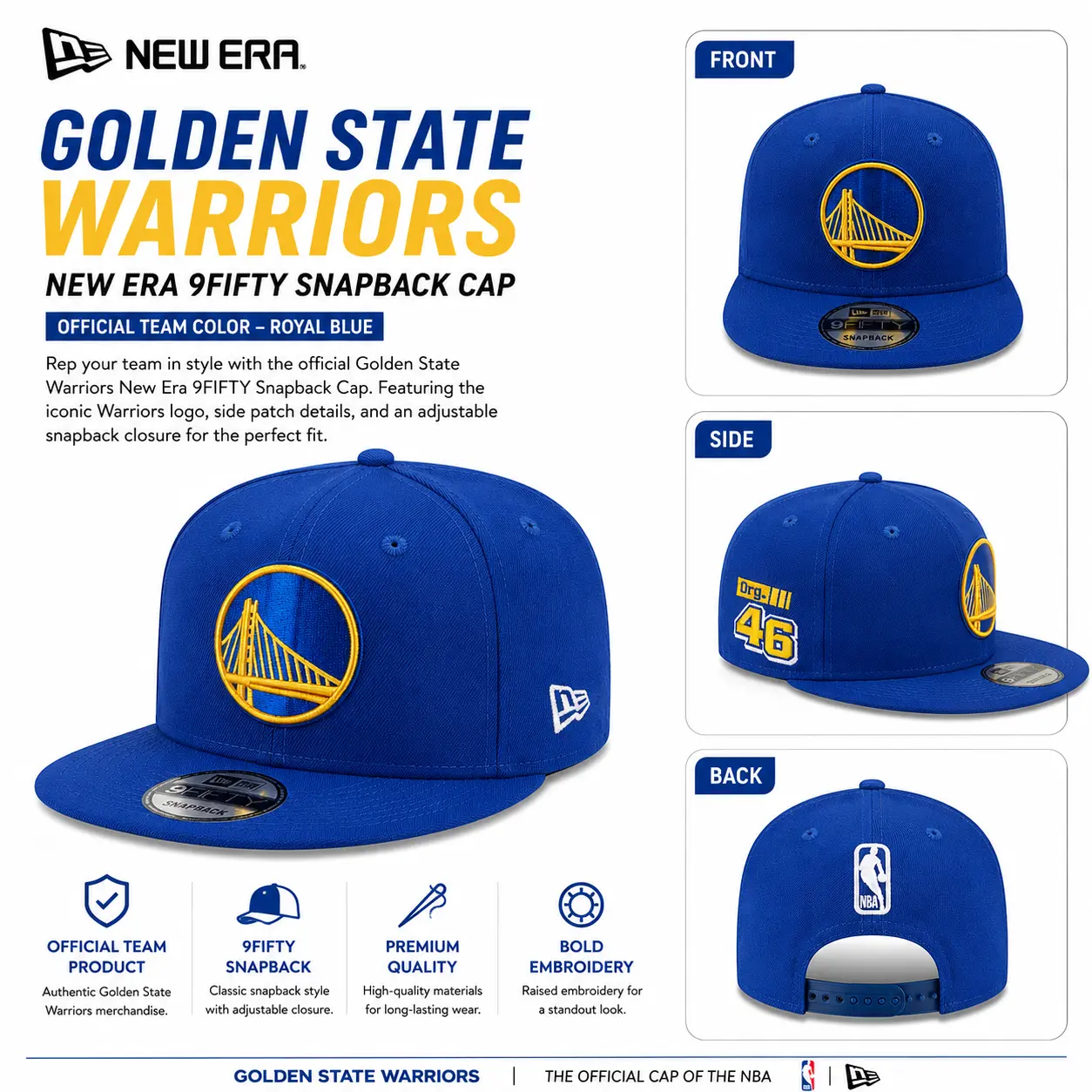 Golden State Warriors New Era 9FIFTY Snapback Cap – Royal Blue Official Team Color