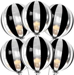 Big, 22 Inch Black and Silver Balloons - Pack of 6, Black and Silver Party Decorations | 360 Degree 4D Stripe Black Silver Balloons