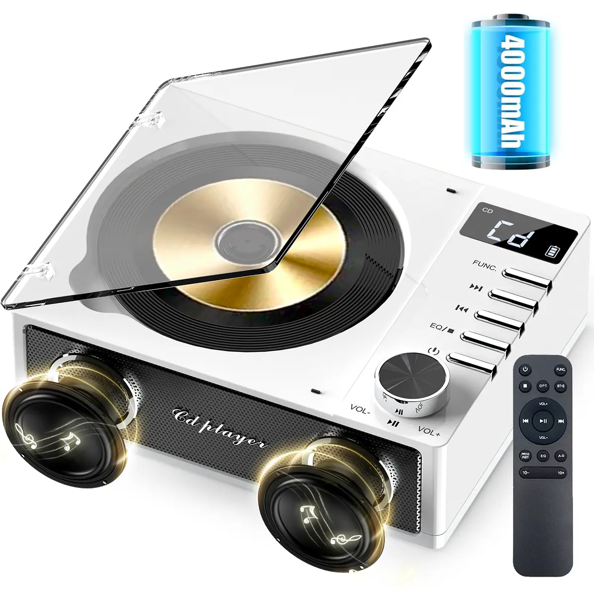 4000mAh Rechargeable CD Player with Dual Speakers, Bluetooth Portable CD Player with FM Radio,Desktop CD Player with Remote Control, LCD Display, Support USB/TF Card/AUX/3.5mm Headphone Jack for Home