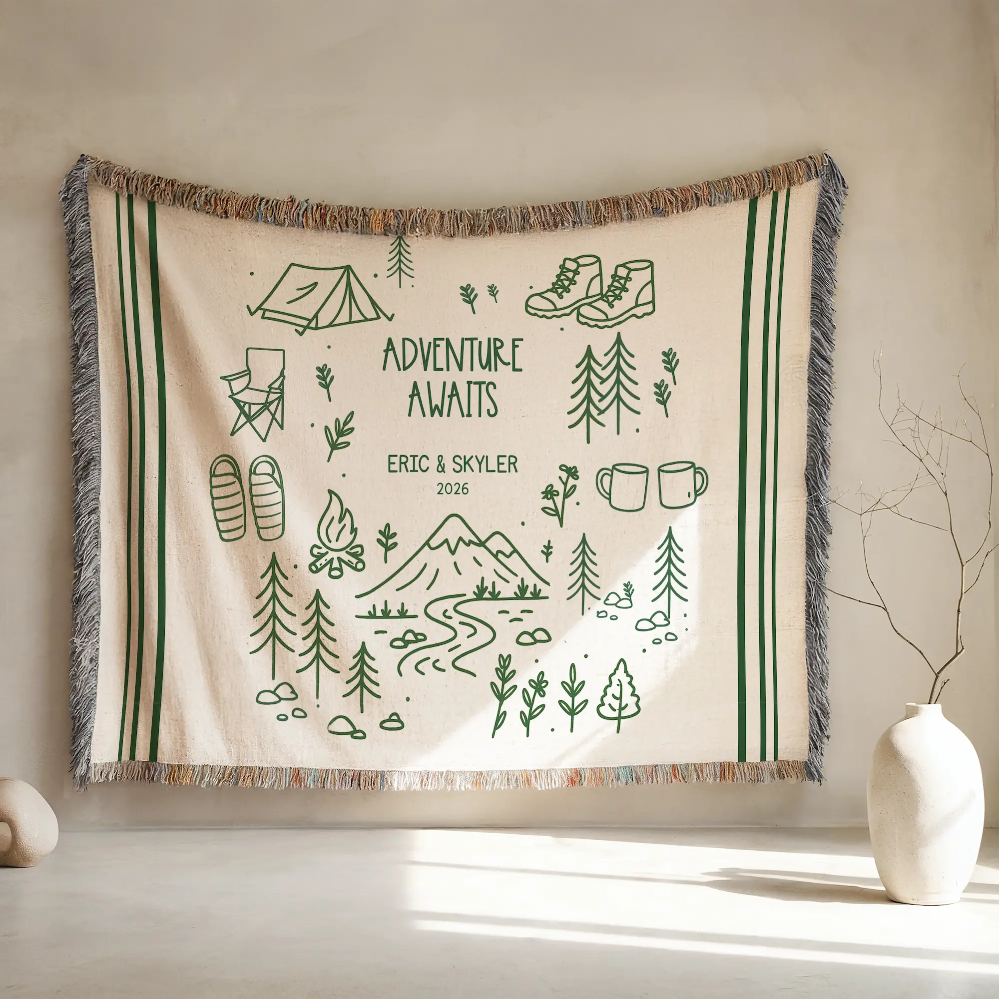 Engagement Gift Woven Blanket, Adventure Awaits, Personalized Wedding Gift for Couple, Outdoor Wedding, Home accent throw, New Home Gift, Doodle Blanket, Woven Throw