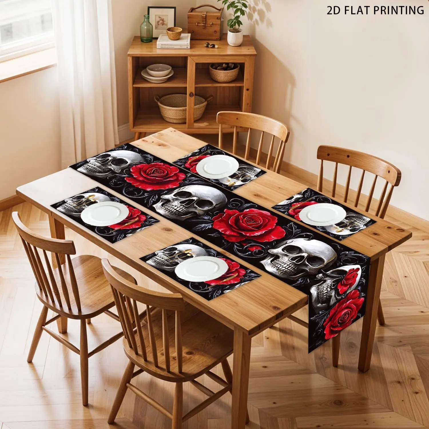 2D flat printing, 1/4/5/7 piece set, skull rose Halloween table flag, placemat set, Table mats, Washable Placemats, dark flower Halloween kitchen restaurant table decoration, suitable for outdoor indoor family party decoration, linen fabric, washable