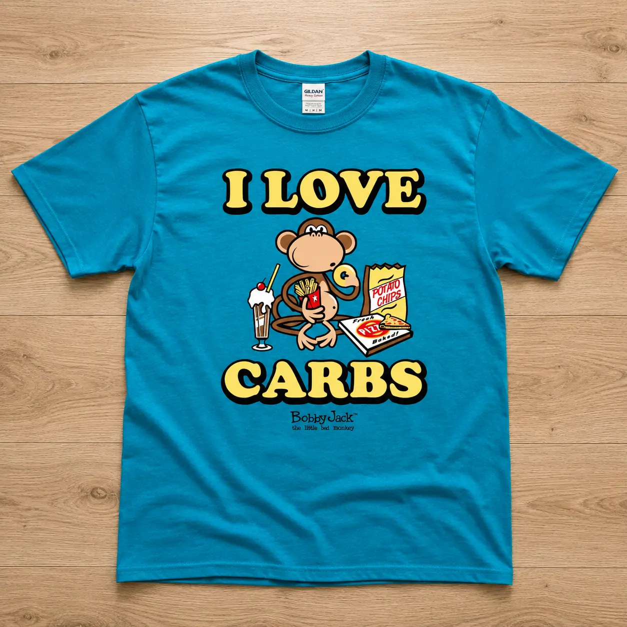 Bobby Jack I Love Carbs Graphic Tee | Bright Blue Cartoon Monkey Food Shirt | Playful Y2K Retro Everyday Statement Top