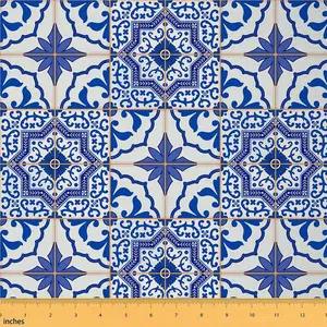 Feelyou Moroccan Fabric by the Yd (2 Yds) - Ethnic Traditional Plaid Mandala Upholstery Material with Floral Pattern, Bright Color Sewing Supply