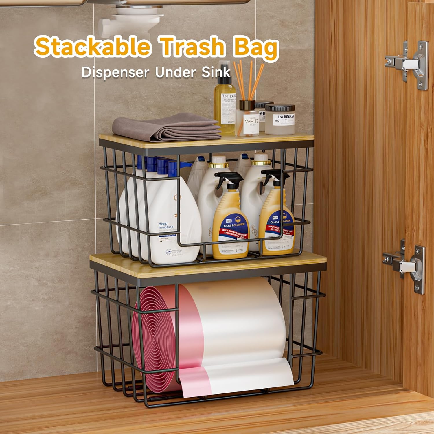 Pantry Storage Organizers,Kitchen Organization,2-Piece Trash Bag Storage Set: Extra-Large Capacity Trash Bag Dispenser (With Bamboo Lid) Wall-Mounted, Stackable Design For Kitchen, Laundry Room, And Under-Sink Organization