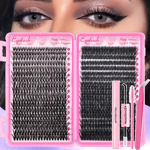 720pcs Natural 40D+80D Eyelashes Extensions Set, 9-16mm Mixed Styles Fluffy D Curl Thick DIY False Lashes Clusters Kit with Glue & Tweezers, Fox & Cat's Eye Makeup for Beginners - Waterproof & Reusable & Long-lasting Lashes
