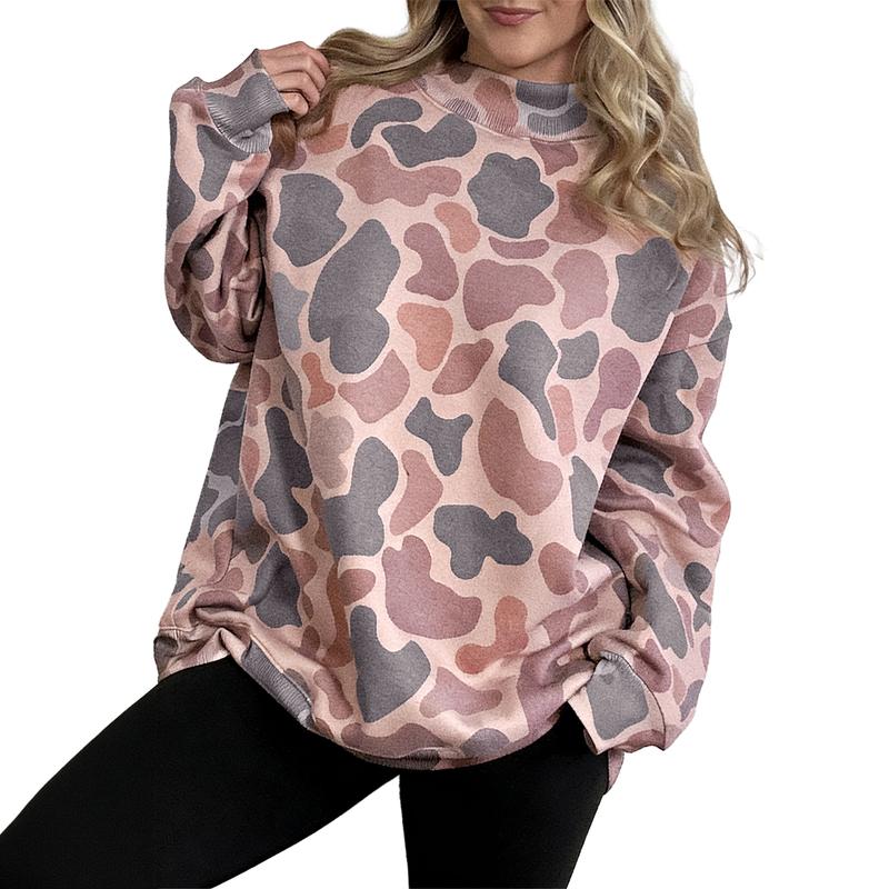 Hotapei Women's Abstract Camo Print Mock Neck Long-Sleeve Stylish Pullover Sweatshirt - Polyester Loose-Fit Crew Neck Casual Jumper, Fall Winter Everyday Cozy Streetwear Women's Tops
