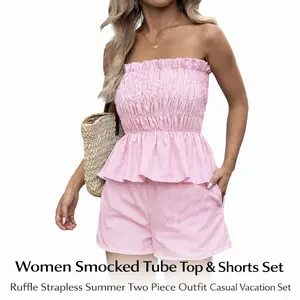 Women Smocked Tube Top & Shorts Set Ruffle Strapless Summer Two Piece Outfit Casual Vacation Set