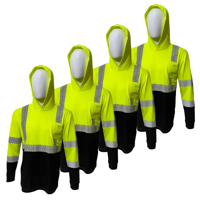 ST918 High Visibility Long Sleeve Safety Shirt with hoodie  WITH Heat transfer reflector/ Class 3 Polyester shirt (SEE SIZEING INFORMATION ON DESCRITION)