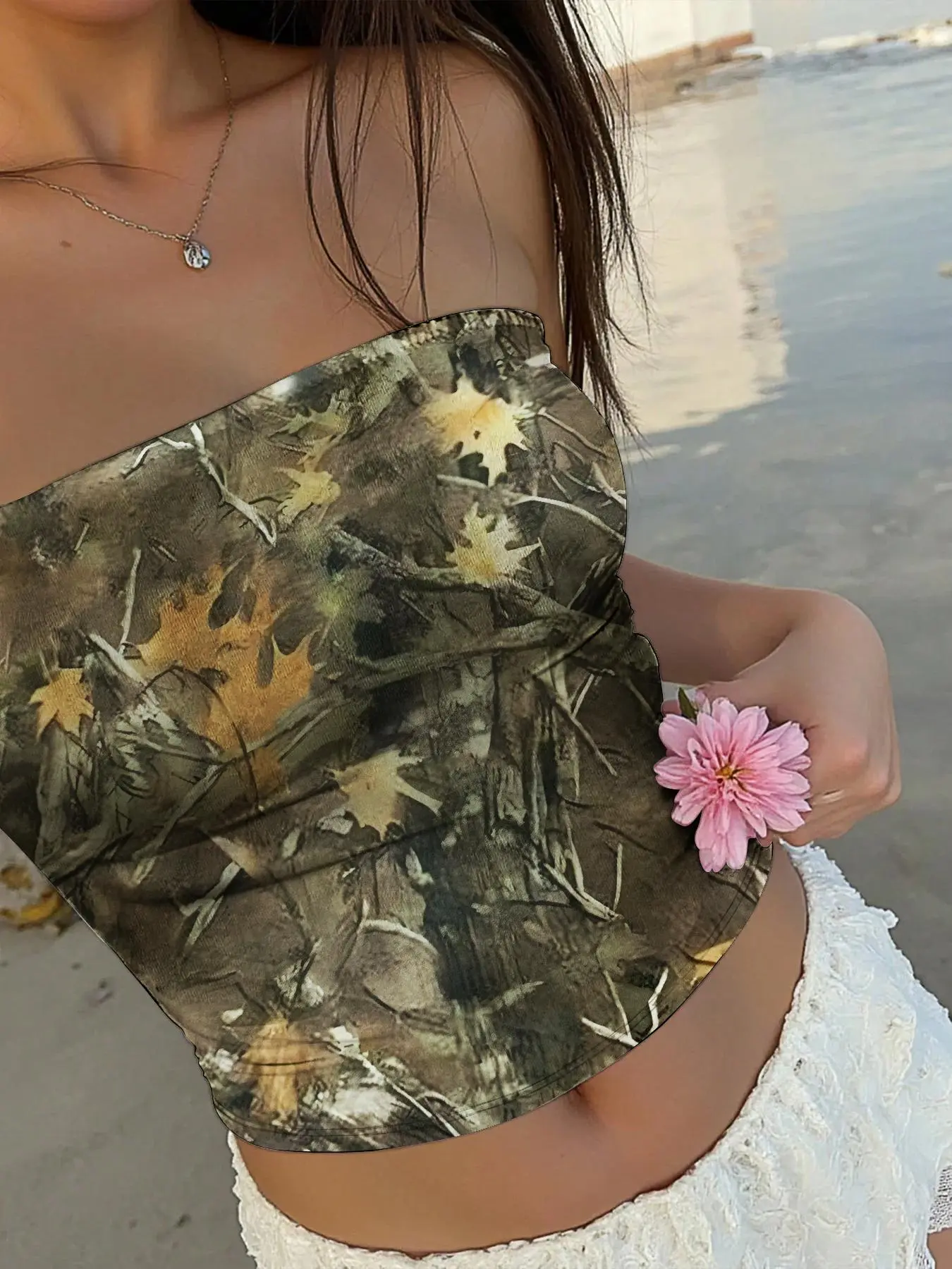 Women's Camo Print Crop Tube Top, Casual Sleeveless Strapless Top for Summer, Fashion Chic Women's Top for Daily Wear, Casual Sleeveless Tops, Womenswear