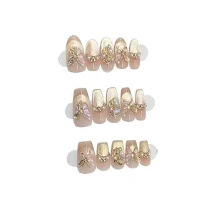 Hand-Painted Gold-Embossed Butterfly Nails with Golden Gradient Halo Detachable Reusable Press-Type Acrylic False Nail Collection Plastic Fake Fingers for Versatile Use