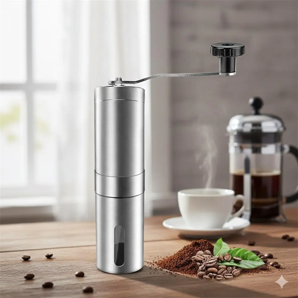 Professional Manual Coffee Grinder: Adjustable Ceramic Burr, Stainless Steel Body for Espresso & Pour Over. Commercial-Grade, Slip-Resistant Design. Essential Tool for Baristas & Home Brewing.