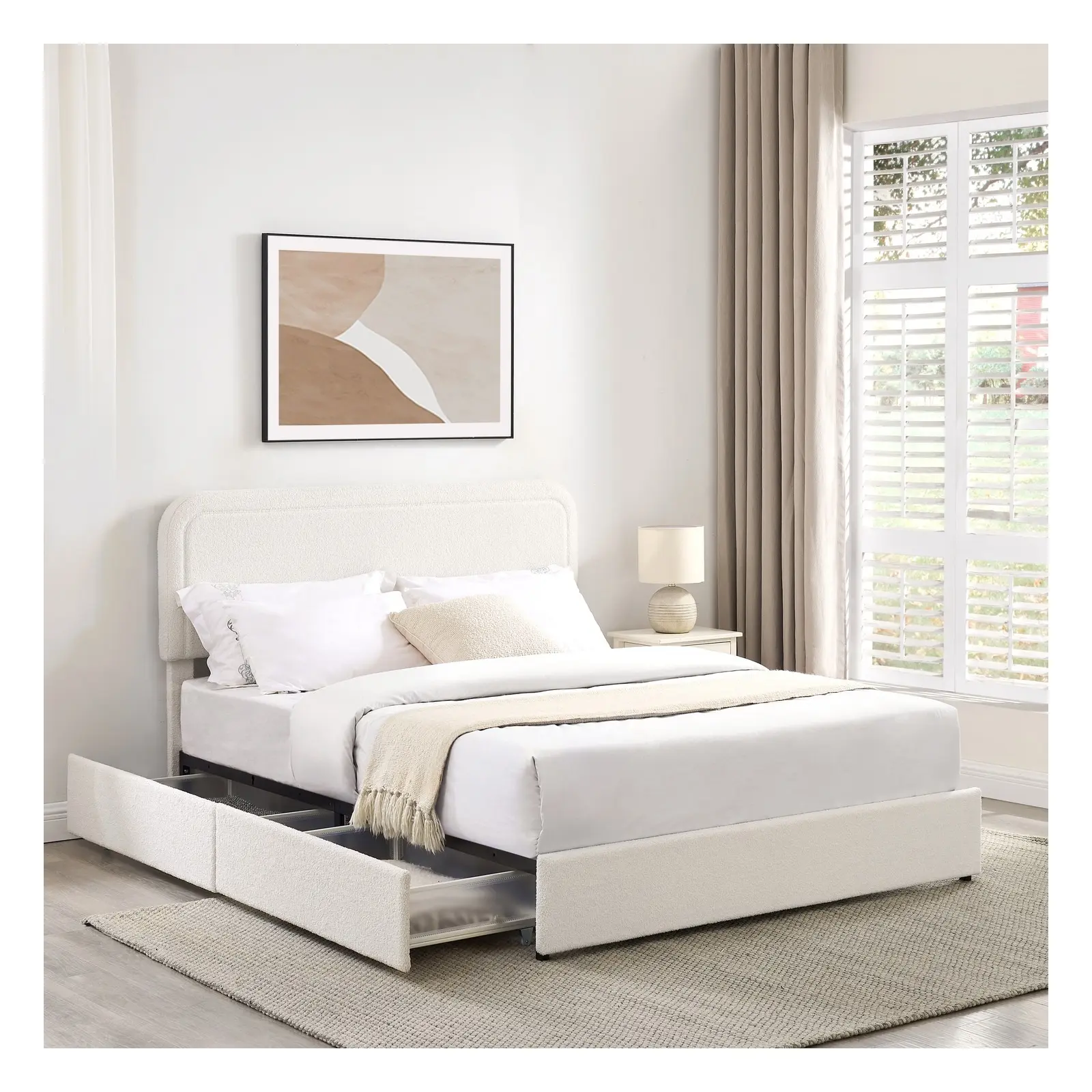Queen Size Boucle Upholstered Platform Bed Frame with Storage Drawers, Headboard and No Box Spring Needed, Ivory