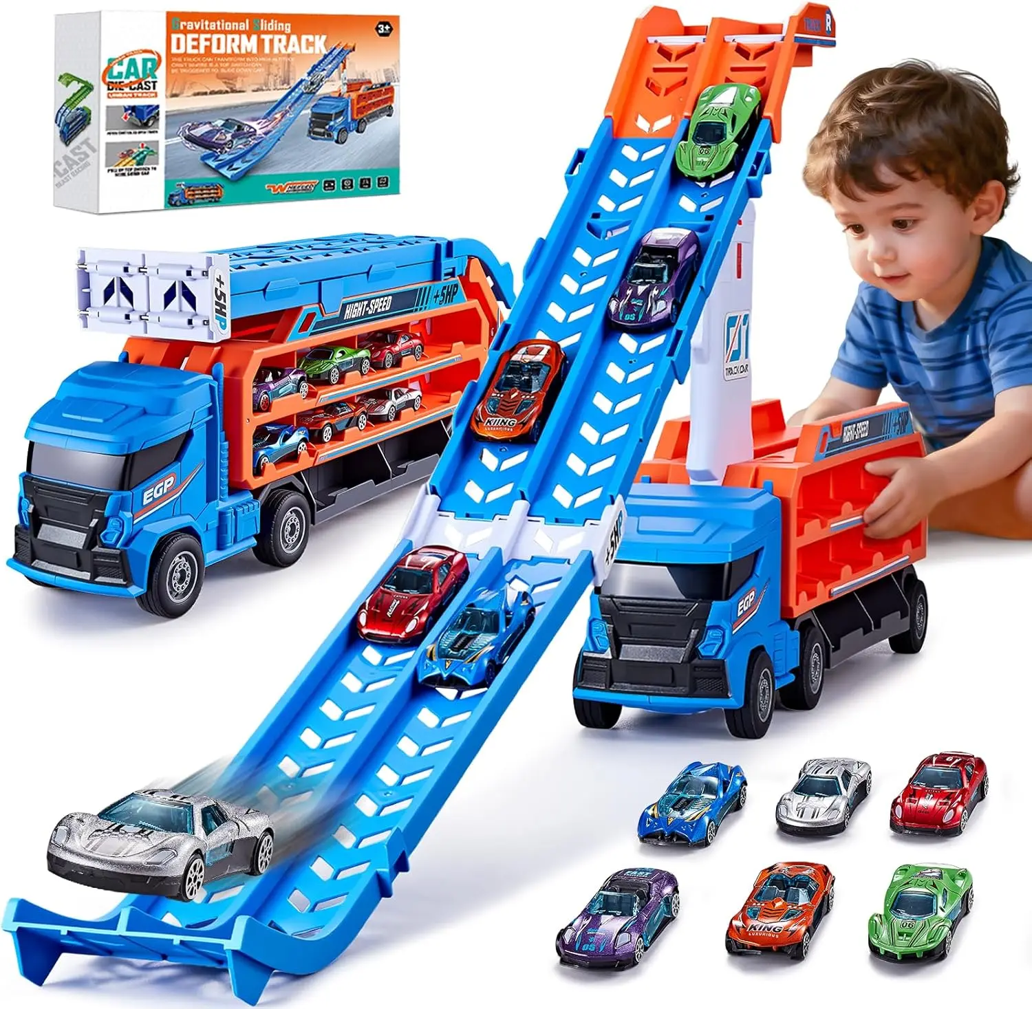 4-in-1 Mega Race Track Truck Set for Kids 3-6 | Foldable Carrier Transporter with Dual Racing Lanes & 6 Die-Cast Cars | Best Birthday Gift Toy for Toddler Boys (Blue)