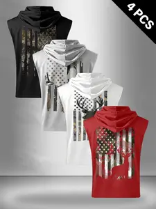 Men's Casual Sporty Hooded Vest, Vintage American Flag Deer Print, 4-Piece Set, Multi-Color Options, Essential Fitness Gear
