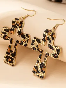 Elegant Leopard Print Cross Earrings for Women, European & American Style Hollow Geometric Studs, Trendy Streetwear Accessory, Punk Style Earrings
