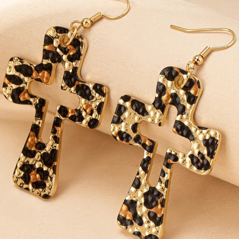 Elegant Leopard Print Cross Hook Earrings for Women, Hollow Geometric Punk Style Earrings, Trendy European & American Streetwear Accessory, Statement Earrings