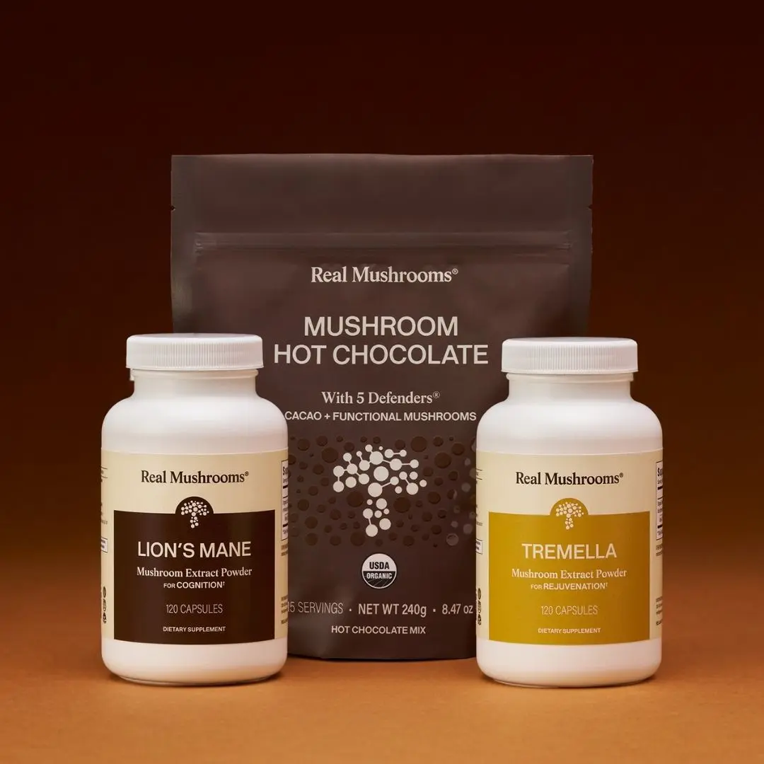 Real Mushrooms Lion's Mane, Tremella & Mushroom Hot Chocolate Bundle | Focus, Skin & Daily Wellness | Feel Good Bundle | 100% Mushrooms
