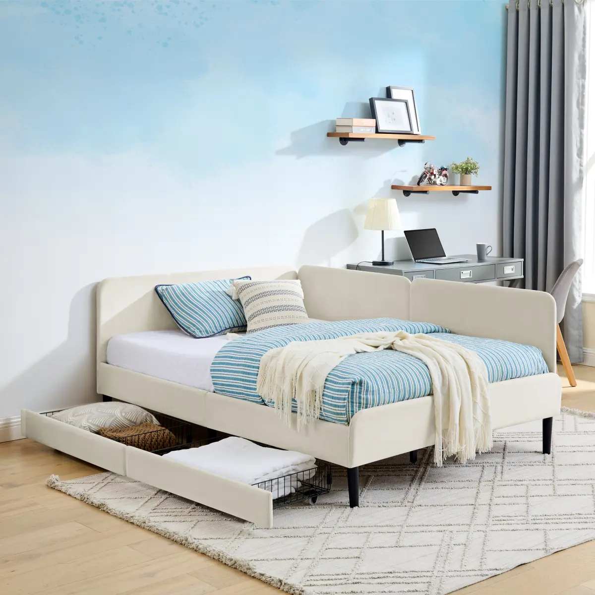 Beige Minimalist Modern Framed Full Size Velvet Upholstered Platform Daybed - Adjustable Pull-Out Bed, 2 Storage Drawers, 300 lbs Capacity, 77.5''L x 56.5''W x 31.5''H, 97 lbs, Assembly Required (Storage Bed), Smooth