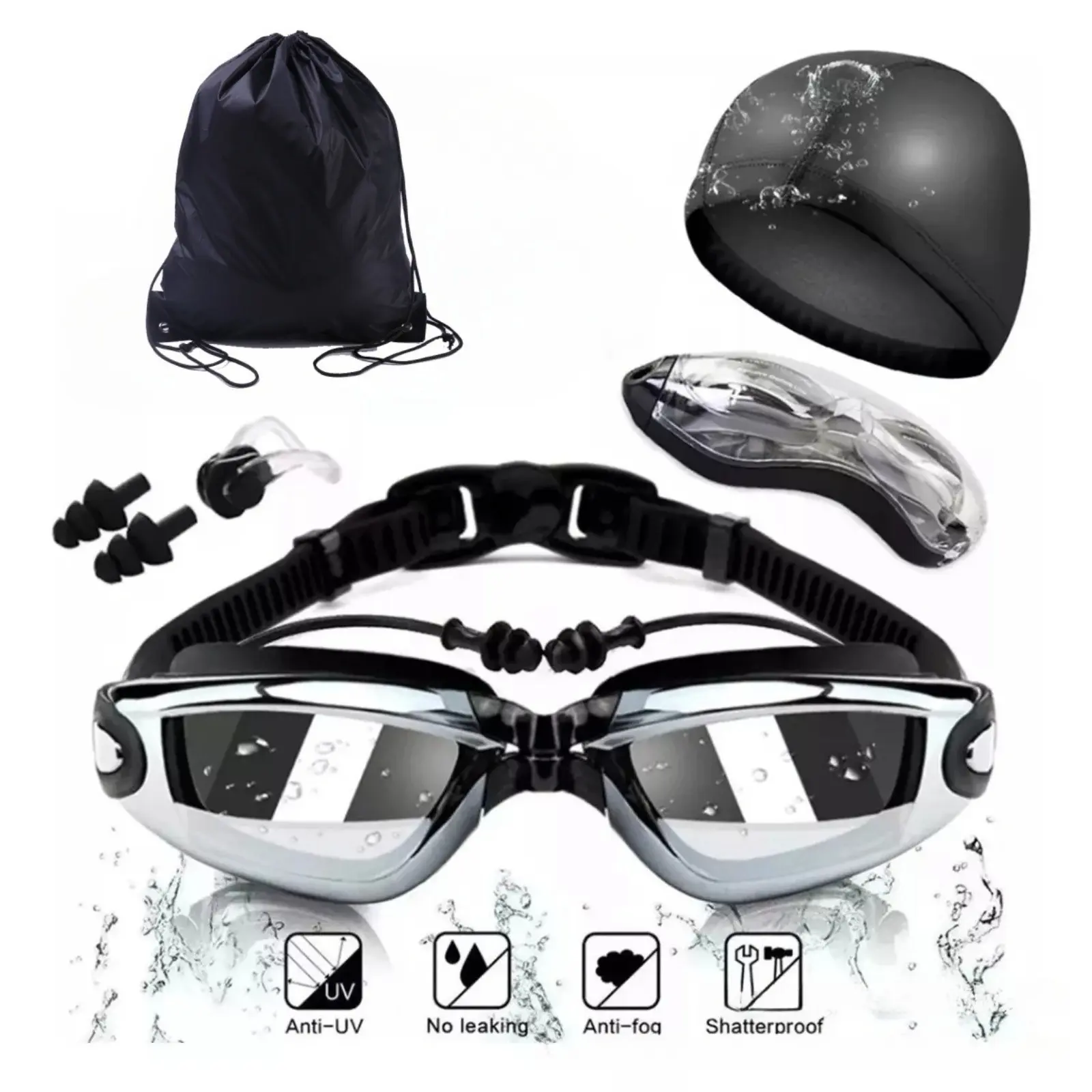 5-Piece Swim Goggle Set: HD, Waterproof, Anti-Fog Goggles with Large Frames, Electroplated Lenses, and Earplugs (Unisex) 5-Piece Swim Goggle Set: HD, Waterproof, Anti-Fog Goggles with Large Frames, Electroplated Lenses, and Earplugs (Unisex)
