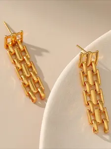 Trendy Hollow Out Long Drop Earrings for Women 18K Gold Plated Copper Boho Dangle Earrings Unique Weave Design