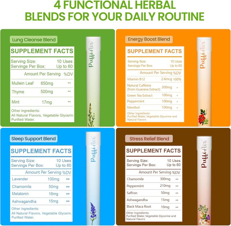 PUFFIAIR Herbal Diffuser Pen 4 Pack - Four Unique Aromas for Everyday Routines - Clean Botanical Formula - Up to 600 Uses - No Charging or Refilling Needed