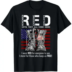 [100% Cotton] On Friday We Wear Red Military R.E.D Friday Military Remember Everyone Deployed Unisex-Adults US Flag T-Shirt Black Classic Fit Short Sleeve