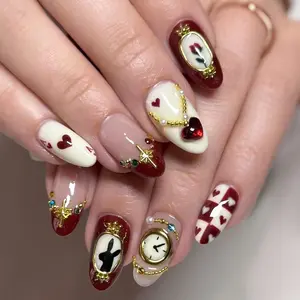 Alice Almond Chessboard Vintage Rabbit Rhinestone Glossy Nail Art Design, Pearl Embellished Star Chain Gold Beads Heart False Nails, Nail Art Supplies