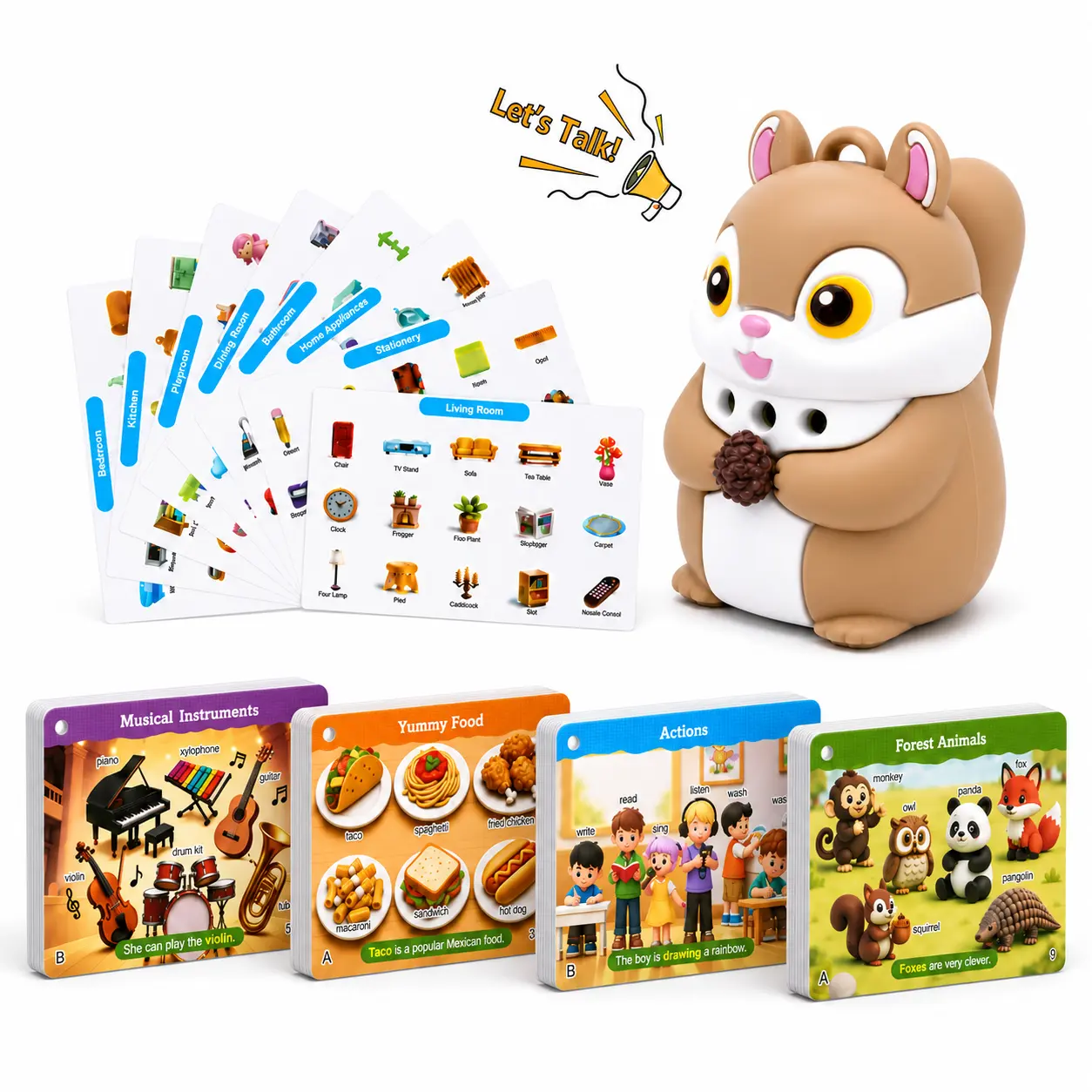 Talking Squirrel Toy with Interactive Learning Stickers & Flashcards,First Words,Realistic Everyday Sounds,Spech Therapy Montessori Phonics and Sight Words Set, 56 Cards, 10 Categories, 700+ Words, 120 Stickers, Educational Learning Toy for Kids Ages 3–8
