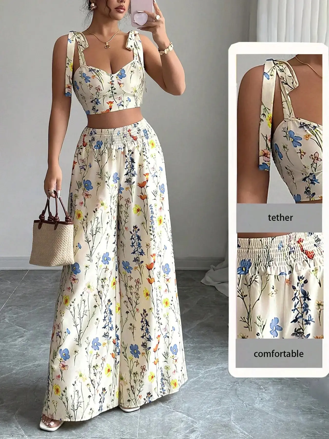 Cottagecore Floral Two Piece Set |   Sleeveless  Top + Flowy Wide Leg High Waist Pants Summer Vacation Outfit Clothes Womenswear