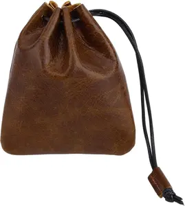 Leather Drawstring Pouch, 14.5x12.5cm/5.71x4.92in Cowhide Drawstring Pouch Medieval Coin Purse Organizer Vintage Leather Storage Bags for Earphone (Light Brown)