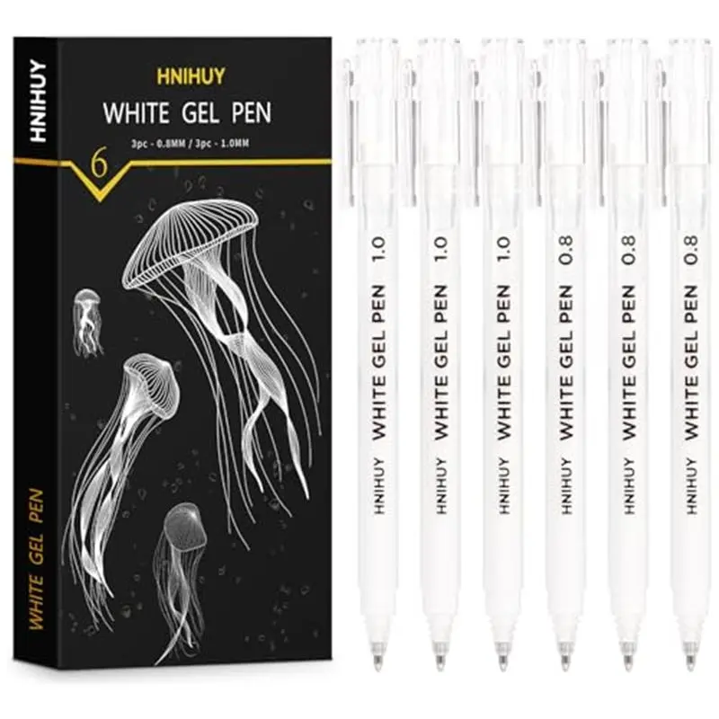 White Gel Pens,1mm, 0.8mm Fine Point Opaque White Archival Ink Pen for Black Paper Drawing, Sketching, Illustration, Bullet Journaling, Pack of 6