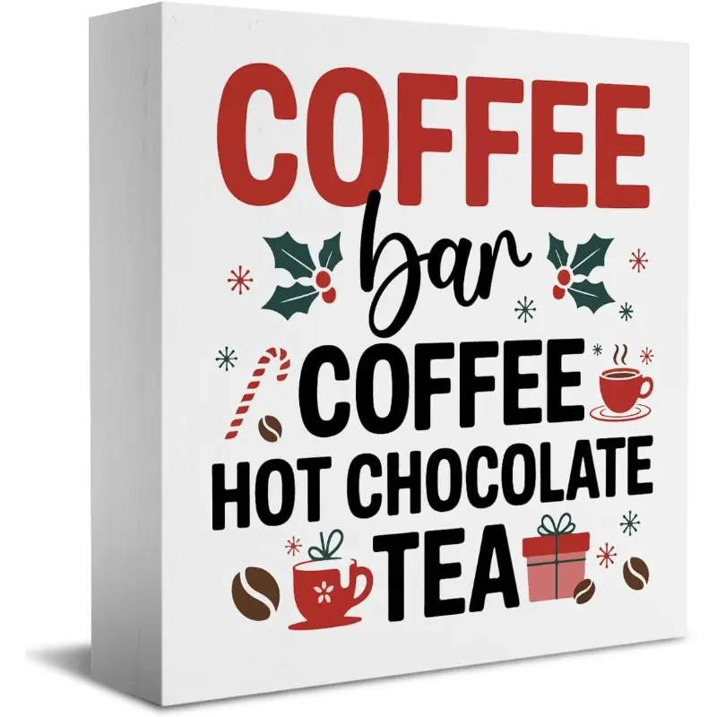 Christmas Coffee Bar Decor, Kitchen Christmas Decor, Coffee Bar Wooden Box Sign,Home Office Decorations for Desk Table Shelf 5x5 inch